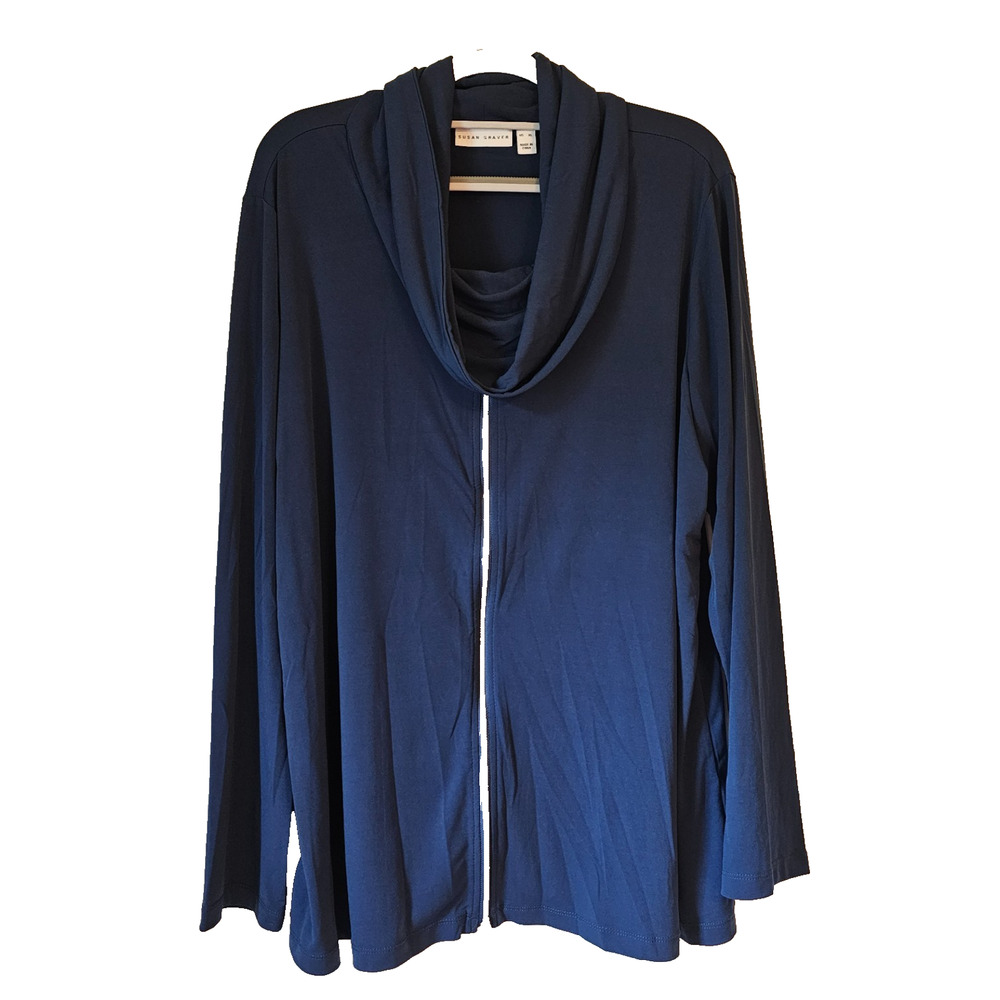 Susan Graver Cardigan Tunic Womens XL Navy Zip Front Cowl Neck Stretch Jacket